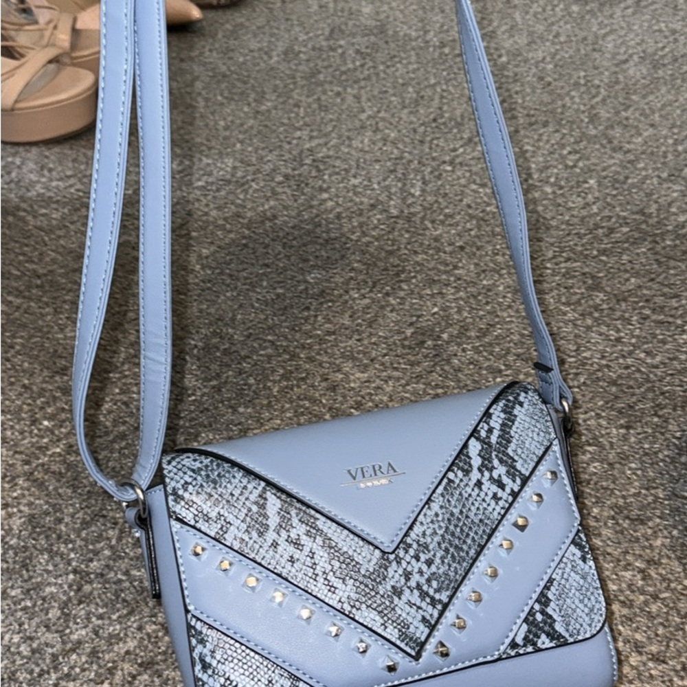 Chic Blue and Gray Crossbody Bag with Snakeskin Accents